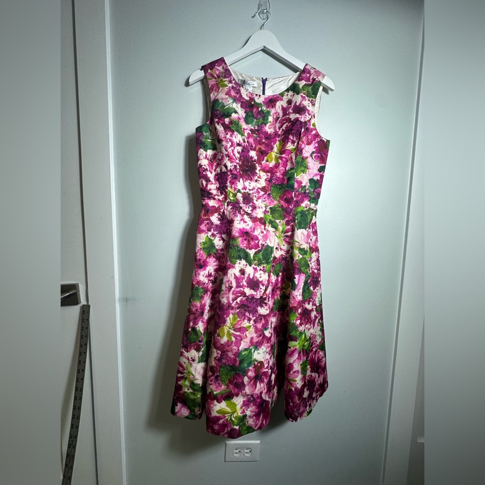 Oscar de la Renta Silk Floral Party Poplin Fit & Flare Cocktail Midi Dress Sz 8 - Picture 10 of 16